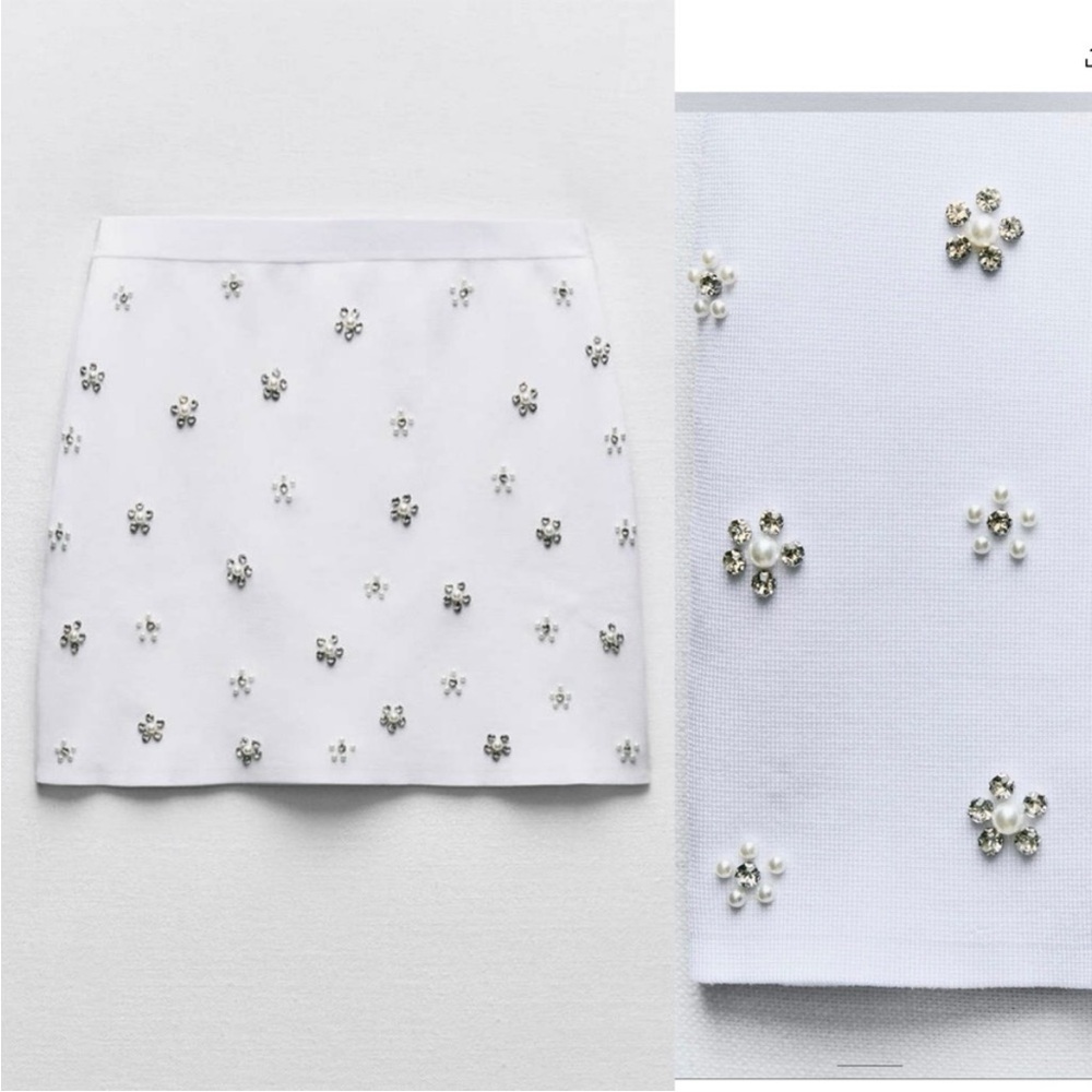 Zara NWT white beaded flower detail embellished thick elastic mini skirt